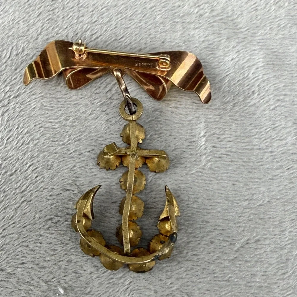 Vintage‎ Gold Filled Brooch Anchor Rhinestone Bow Nautical